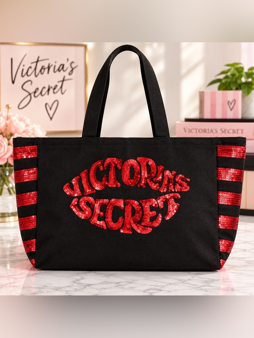 Victoria’s Secret Black Red Sequin Logo Large Weekender Tote Bag NWT